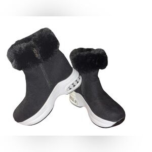 Black Suede Chunky Sole Boots with Faux Fur Trim.